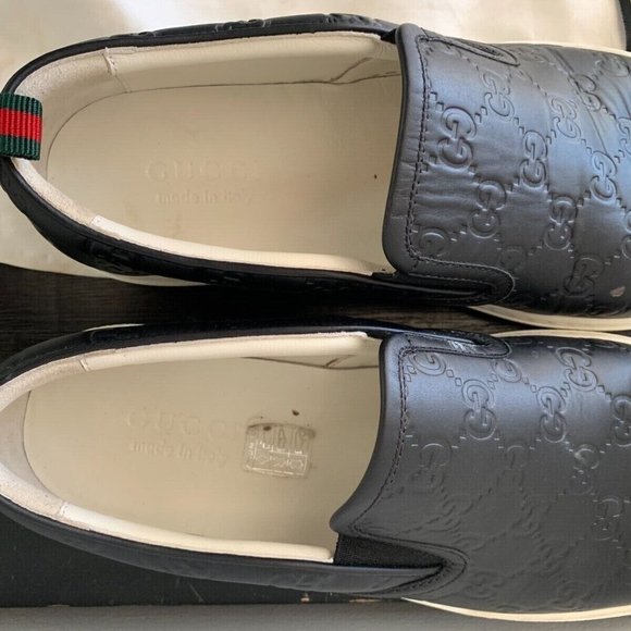 *GUCCI BLACK LEATHER EMBOSSED LOGO SLIP ON SNEAKERS SZ 8.5 MADE IN ITALY #407364 - Picture 11 of 16